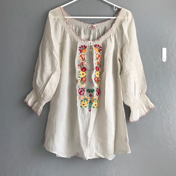Johnny Was Tops - Johnny Was Peasant Floral Embroidered Blouse | XS